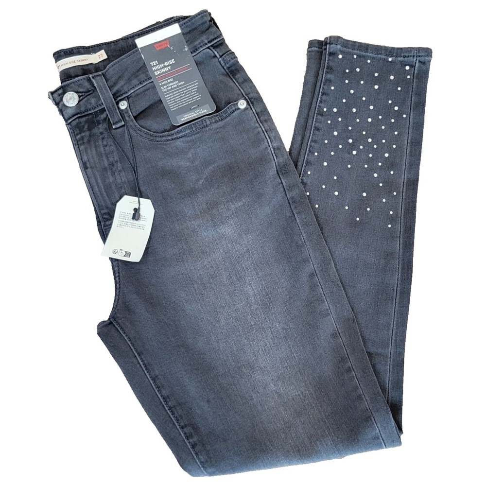 NEW Levis 721 High Rise Skinny Jeans Bling Accents Womens 27 Dark Wash 28 Inseam